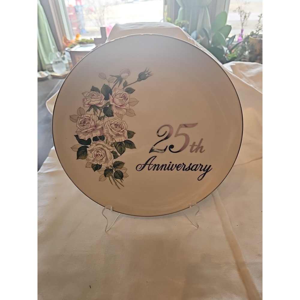 Papel 25th Anniversary  Plate With Pink Roses Accents*Pre-Owned 9"